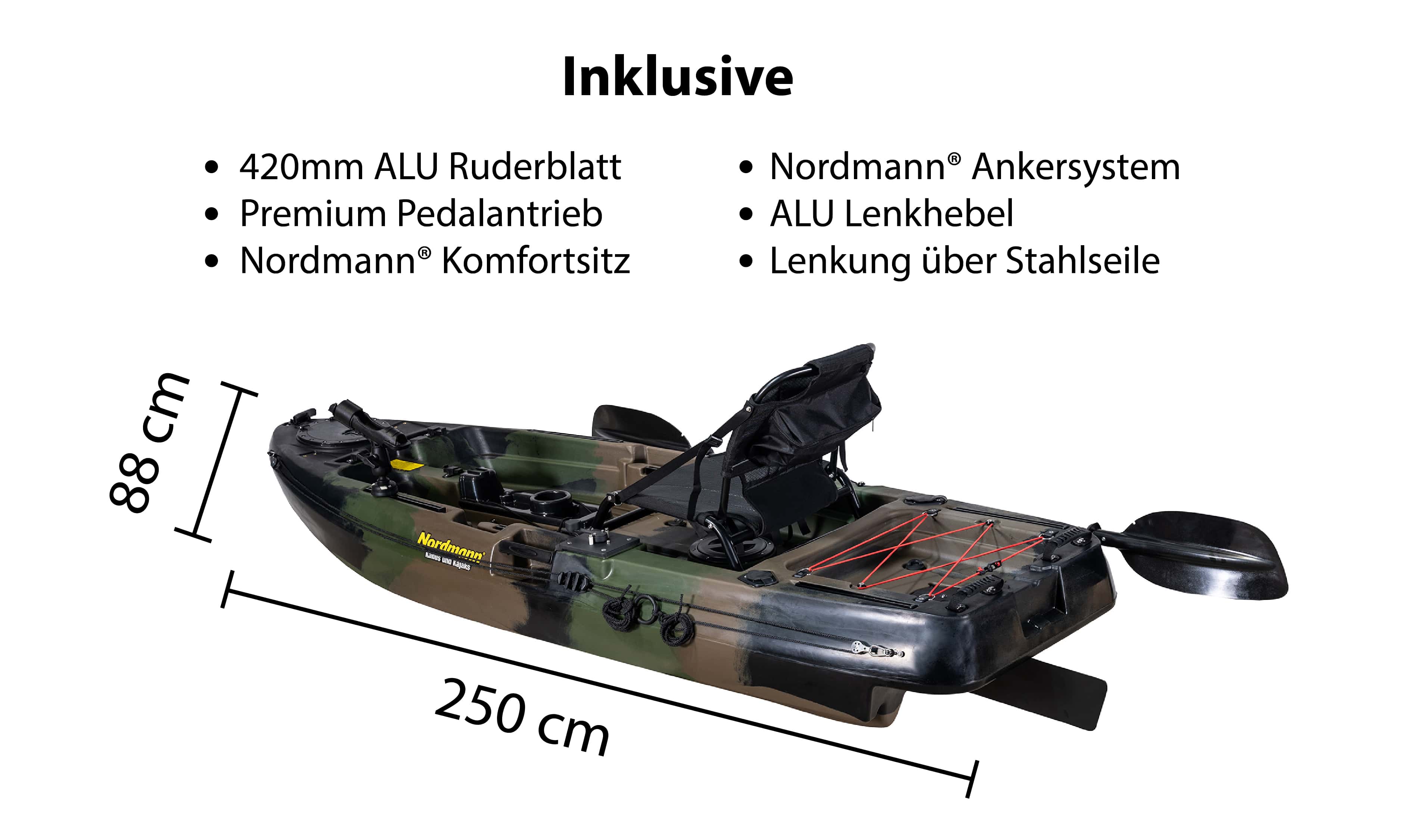 Nordmann® Dingi 250 - 8.2 Angelkajak Sit on Top inkl. Zahnstangen-Pedalantrieb