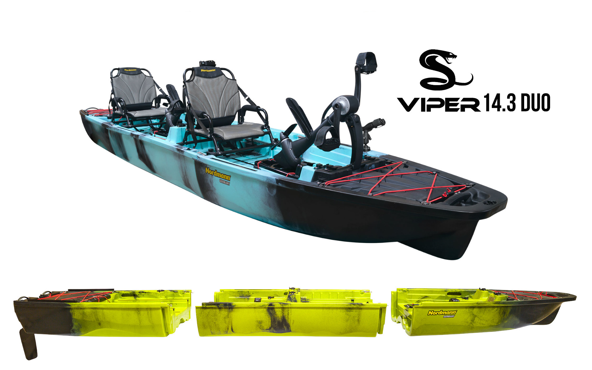 Nordmann® Viper 14.3  Duo teilbares Angelkajak Sit on Top inkl. Zahnstangen-Pedalantrieb
