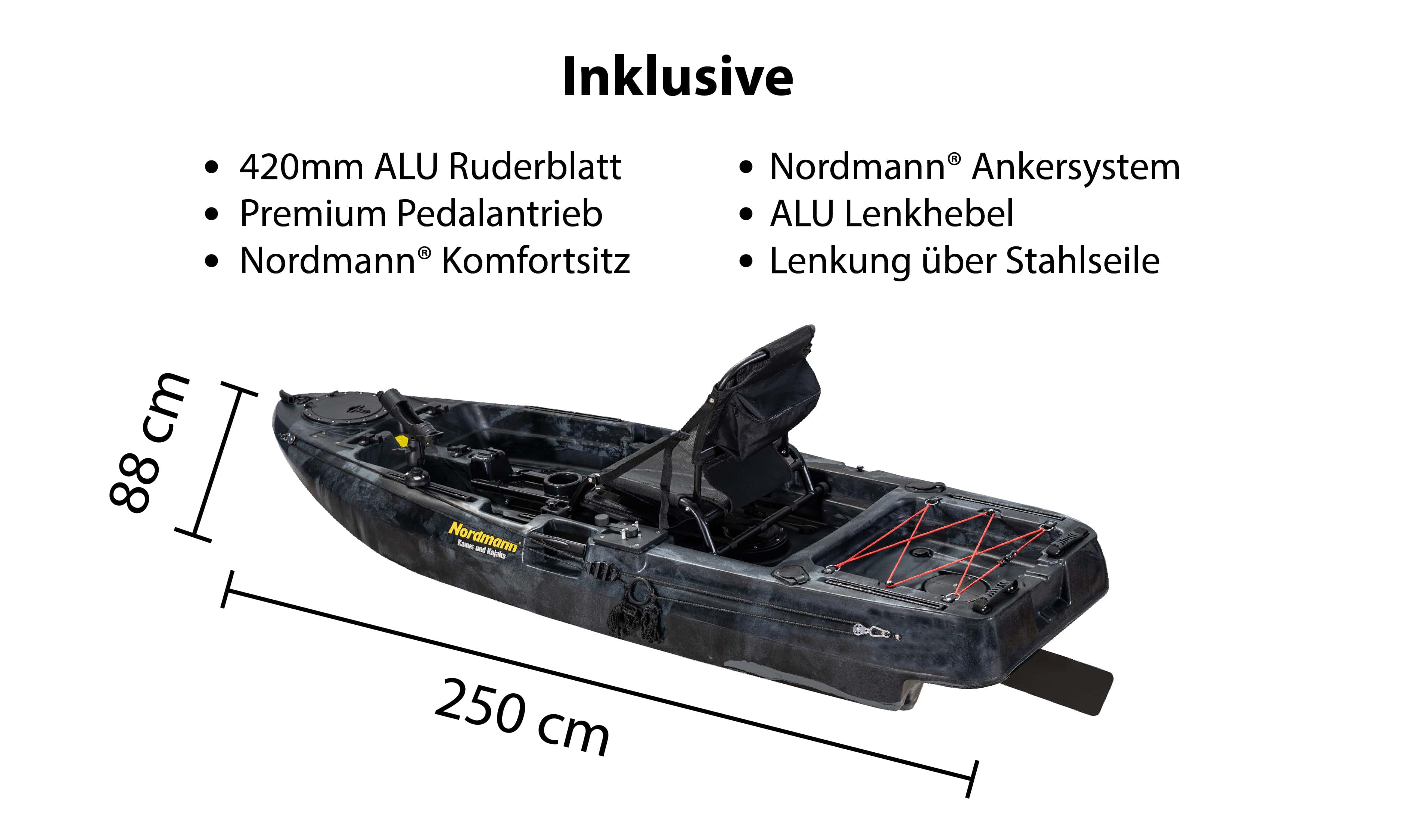 Nordmann® Dingi 250 - 8.2 Angelkajak Sit on Top inkl. Zahnstangen-Pedalantrieb