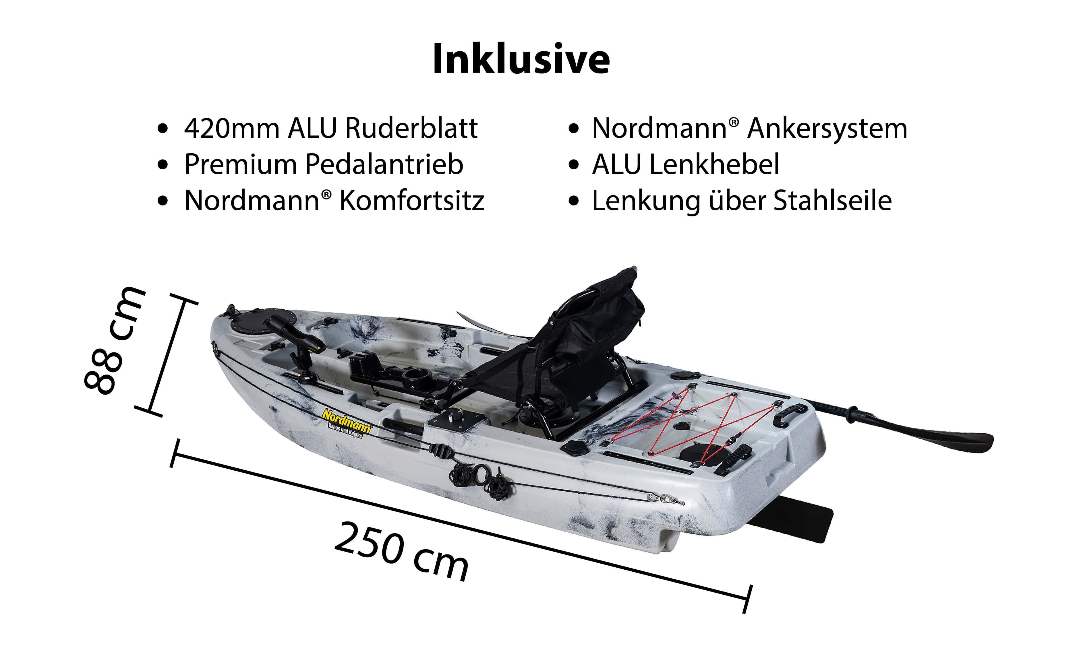 Nordmann® Dingi 250 - 8.2 Angelkajak Sit on Top inkl. Zahnstangen-Pedalantrieb